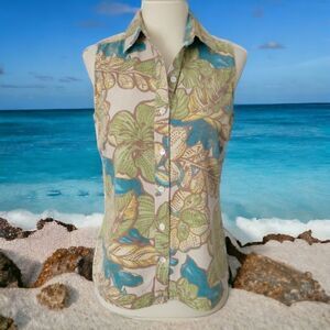 Izod‎ Tropical Silk Shirt Button Front 4 Sleeveless Blouse Washable Banana Leaf
